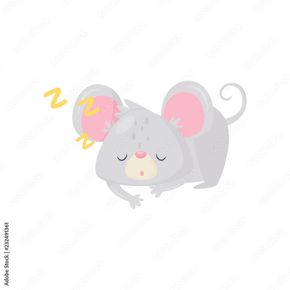 Little sleeping mouse. Adorable gray rodent with big ears and long tail. Cartoon character. Flat vector icon Little sleeping mouse. Adorable gray rodent with big ears and long tail. Cartoon character. Flat vector icon