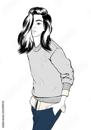 Beautiful young woman in a gray sweatshirt and blue jeans. Hand drawn stylish woman portrait. Fashion lady. Autumn outfit. Sketch.