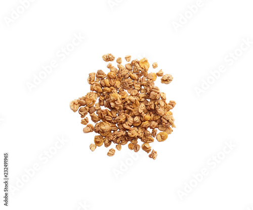 Handful of granola oatmeal isolated on white background, top view.
