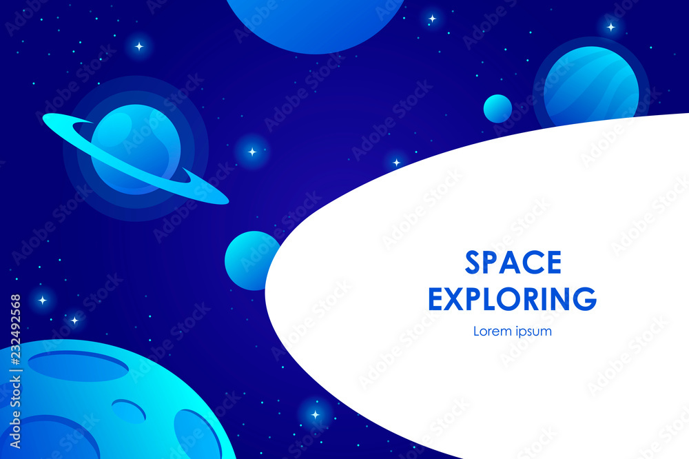 blue horizontal space background with abstract shape and planets. Cover template, banner, presentation. Web design. vector illustration.