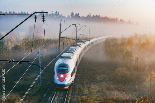 Modern high-speed train approaches to the station at foggy autumn sunrise time.