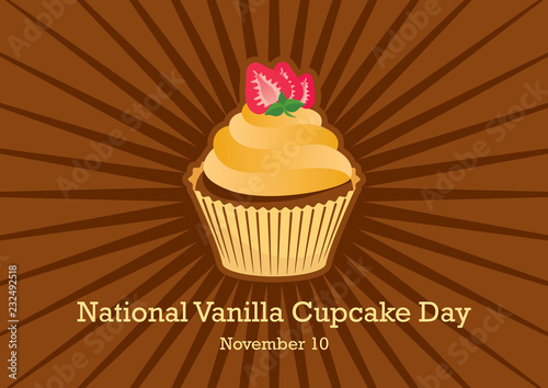 National Vanilla Cupcake Day vector. Cupcake isolated on a brown background. Vanilla cupcake with strawberry vector illustration. Important day
