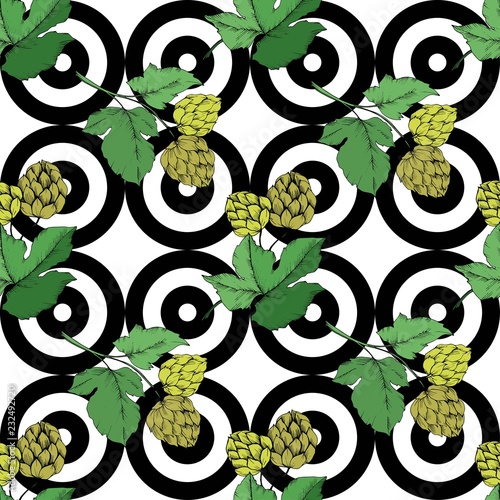 Vector. Black and white engraved humulus ink art. Green leaf. Leaf plant