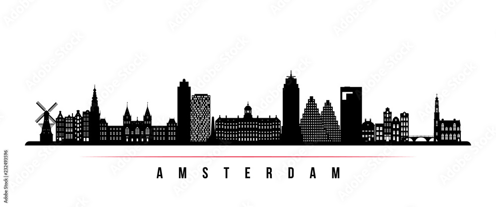 Amsterdam city skyline horizontal banner. Black and white silhouette of Amsterdam city, Netherlands. Vector template for your design.