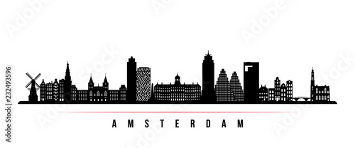 Amsterdam city skyline horizontal banner. Black and white silhouette of Amsterdam city  Netherlands. Vector template for your design.