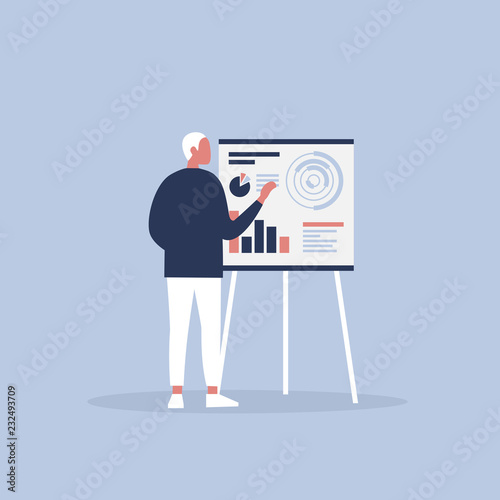 Data analysis. Optimization. Young character presenting the research report. Flat editable vector illustration, clip art