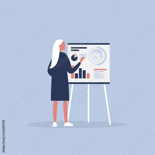 Data analysis. Optimization. Young character presenting the research report. Flat editable vector illustration, clip art