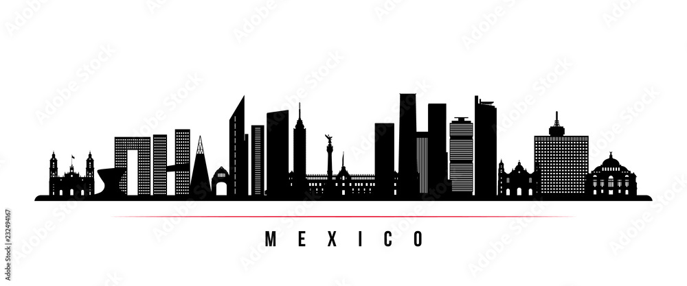 Mexico city skyline horizontal banner. Black and white silhouette of Mexico city. Vector template for your design.