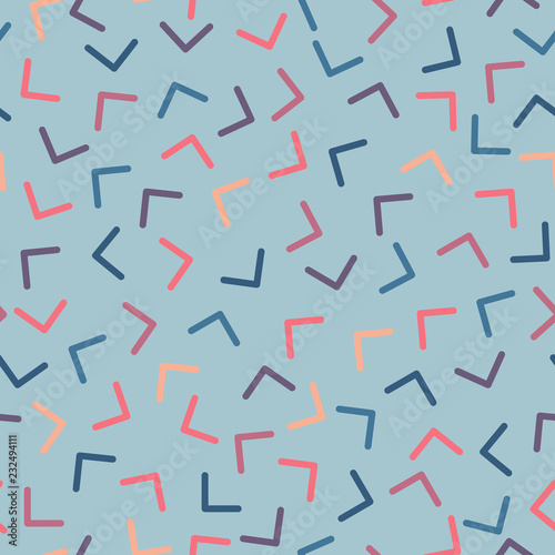 Memphis style. Corners, turned in different directions. Seamless pattern. Pink, fuchsia, blue, orange, curves.