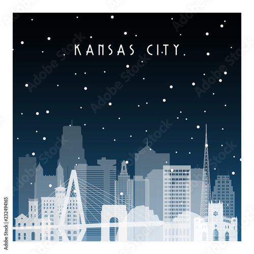 Fototapeta Zimowa noc w Kansas City. Nocy miasto w mieszkanie stylu dla sztandaru, plakat, ilustracja, tło.