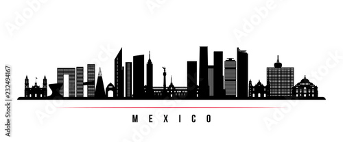 Mexico city skyline horizontal banner. Black and white silhouette of Mexico city. Vector template for your design. photo