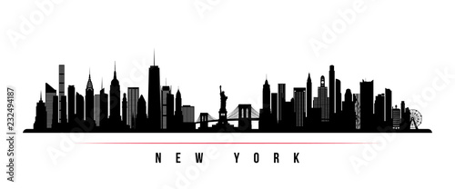 New York city skyline horizontal banner. Black and white silhouette of New York city, USA. Vector template for your design. photo