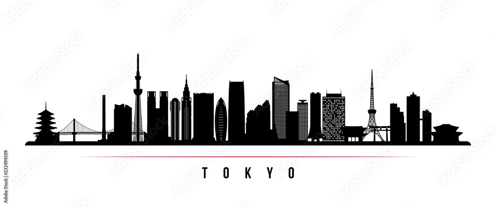 Naklejka premium Tokyo city skyline horizontal banner. Black and white silhouette of Tokyo city, Japan. Vector template for your design.