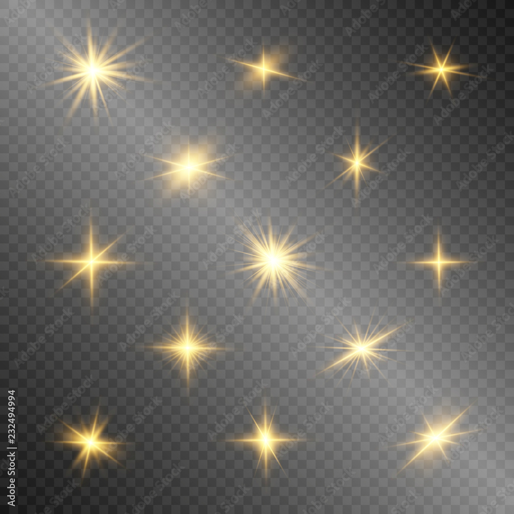 Set of gold bright beautiful stars. Light effect Bright Star. Beautiful light for illustration. Christmas star. White sparks sparkle with a special light. Vector sparkles on transparent background Set of gold bright beautiful stars. Light effect Bright Star. Beautiful light for illustration. Christmas star. White sparks sparkle with a special light. Vector sparkles on transparent background