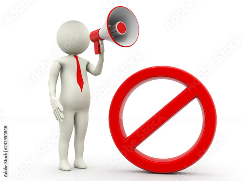 3d people with megaphone surrounded by a forbidden sign. 3d Man holding a megaphone announcing doing stop sign in white background