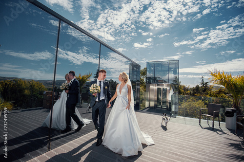 Wedding couple on the background of the modern city.