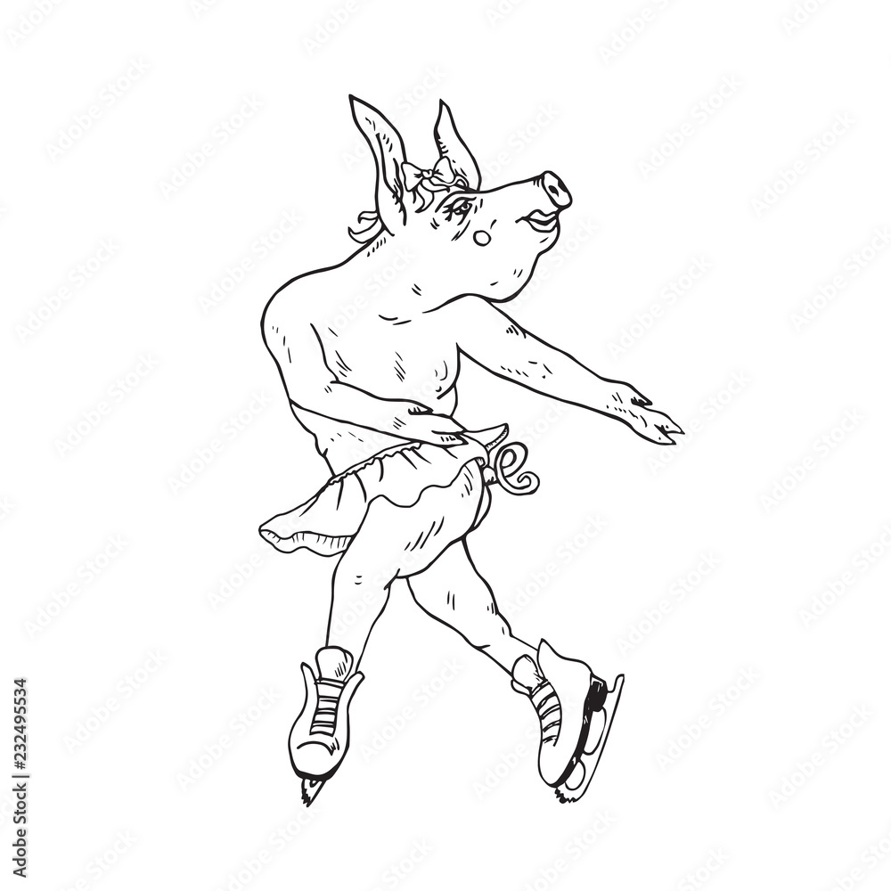 Piggy girl in skirt dancing in ice skates, hand drawn doodle, sketch, vector outline illustration
