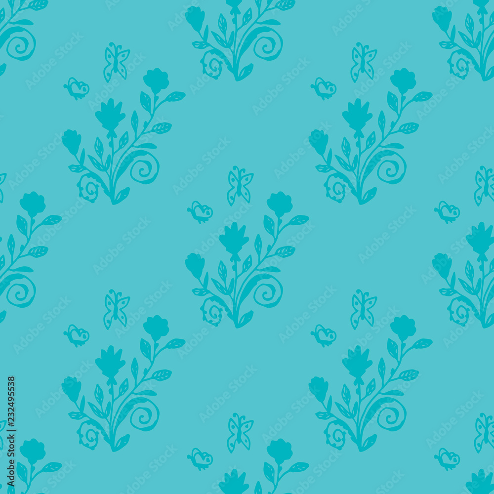 Rose bushes with butterflies. Floral seamless pattern with flowers. Blue background for wrapping paper, textile, card, web. Vector illustration.