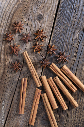 High angle view of cinnamons with anise