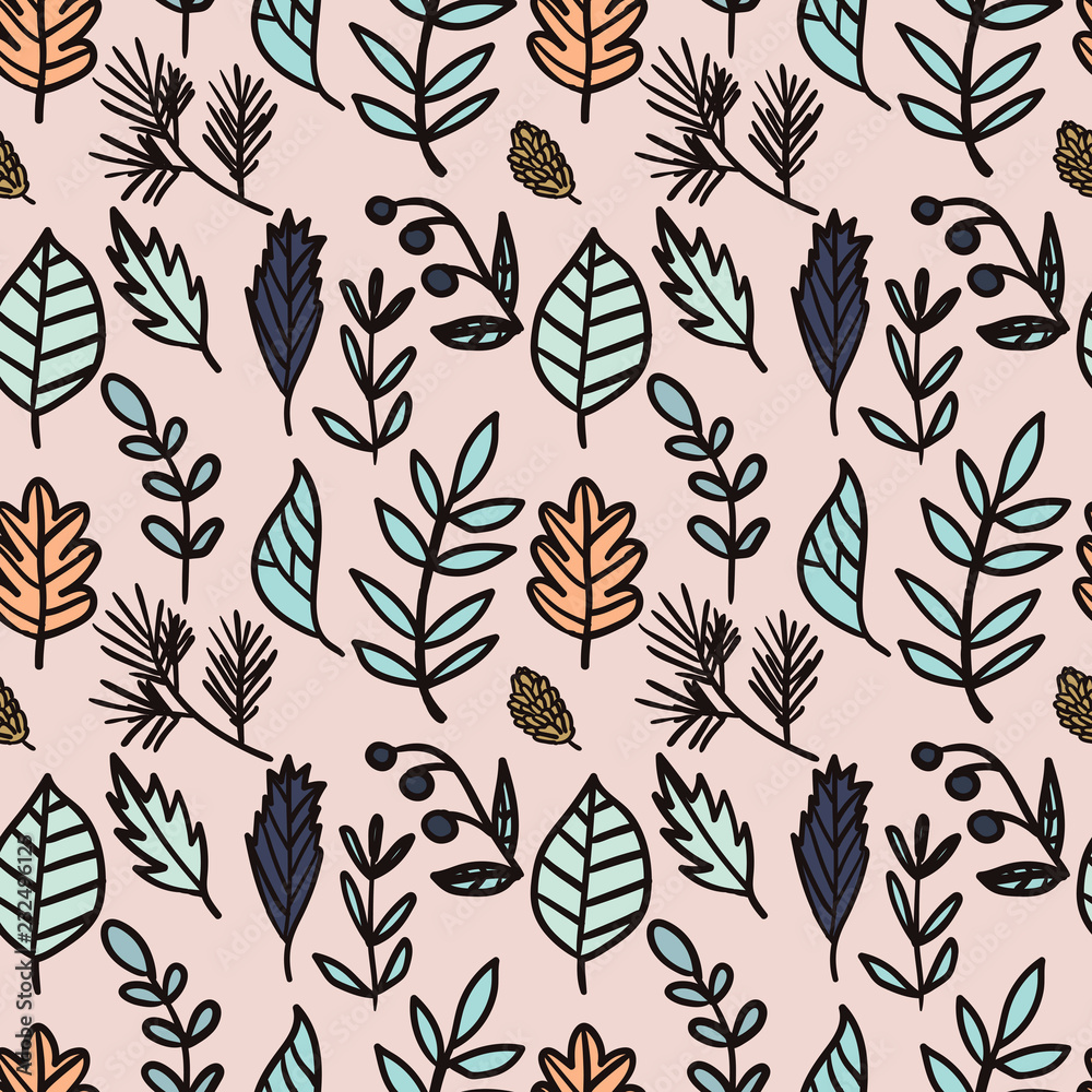 Vector seamless hand drawn doodle floral pattern. Foliage seamless pattern. Vector illustration. Vector seamless hand drawn doodle floral pattern. Foliage seamless pattern. Vector illustration.