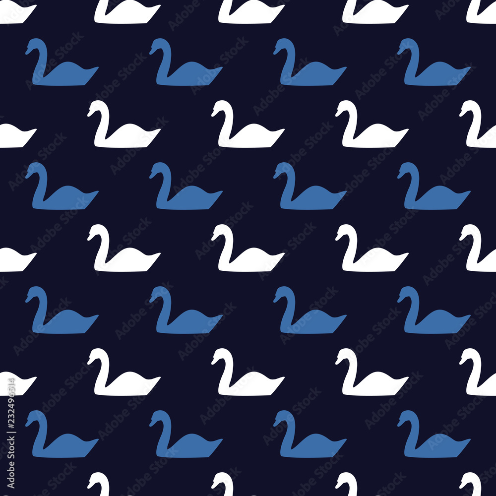 Vector seamless pattern of white and blue swans on dark background. Vector seamless pattern of white and blue swans on dark background.