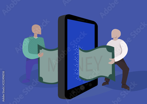money transfer online. concept illustration. Two people pass each other a bill using smartphone