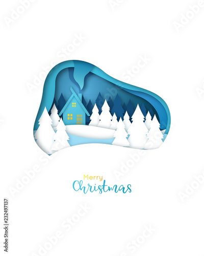 Merry Christmas greeting card. Paper art style. House in the Woods. Christmas night.