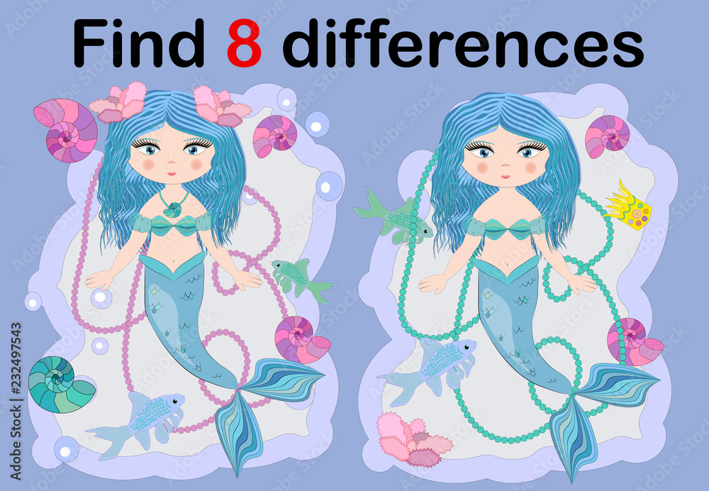 Education game for preschool kids, find the differences. Beautiful mermaid with a string of pearls. Cartoon illustration. Education game for preschool kids, find the differences. Beautiful mermaid with a string of pearls. Cartoon illustration.