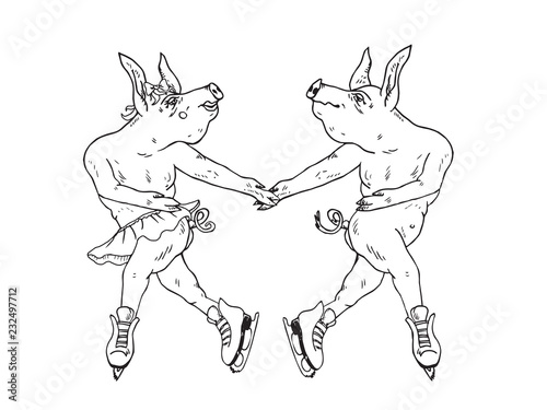 Pigs couples dancing in ice skates, hand drawn doodle, sketch, vector outline illustration