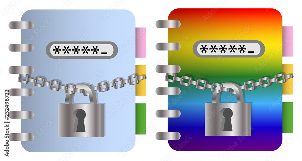 The concept of data protection. A pair of notebooks with metal chain and lock, password The concept of data protection. A pair of notebooks with metal chain and lock, password