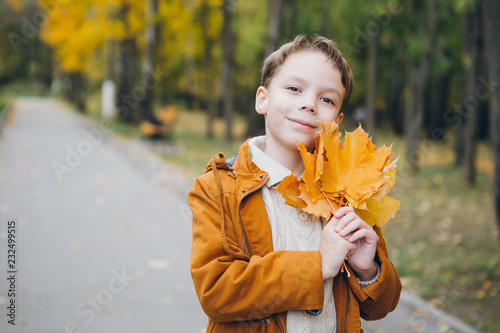 Cute boy walks and poses in a colorful autumn Park