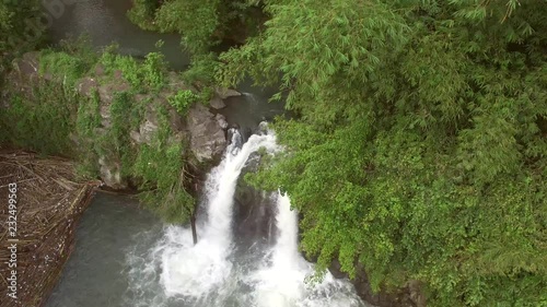 Bunga, Nagcarlan, Laguna, Philippines - November 12, 2017: Split, twin water falls in the middle of mountain forest. Drone aerial shot photo