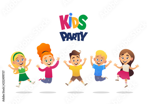 Kids party cartoon background with funny company of boys and girls vector illustration