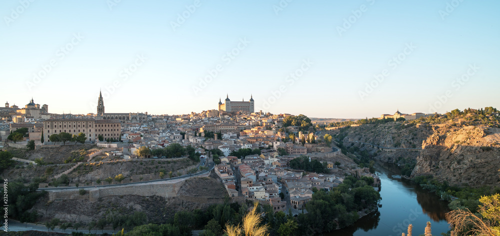 Panoramic landscape of Toledo old town and river Tajo at early morning