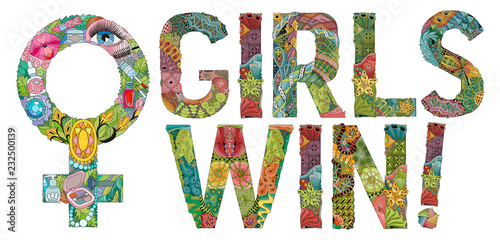 Words GIRLS WIN with Symbol of Venus is a female floor sign with a pattern in tribal Indian style. Vector illustration