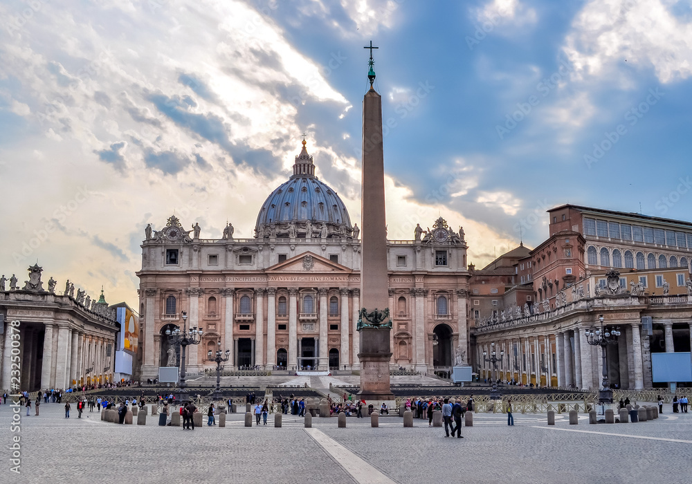 St. Peter's Basilica on St. Peter's square in Vatican at sunset, center of Rome, Italy