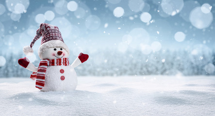 Panoramic view of happy snowman in winter secenery with copy space
