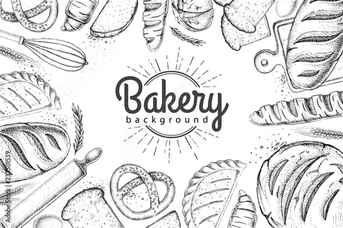 Bakery background. Top view of bakery products