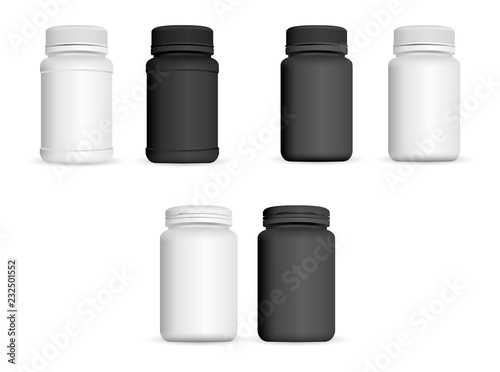 Realistic medicine bottles set. Pharmaceutical and healthy product mockup template. Black and white colour plastic jars for capsule, pills, vitamin. Vector illustration.