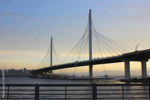 Western Rapid Diameter Highway and Cable-Stayed Bridge Over Neva River in Saint Petersburg, Russia. Newly Built Modern City Western High Speed Diameter (WHSD) Toll Motorway View with Empty Sky