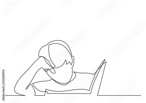 continuous line drawing of boy reading book