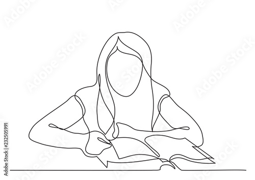 continuous line drawing of girl reading book