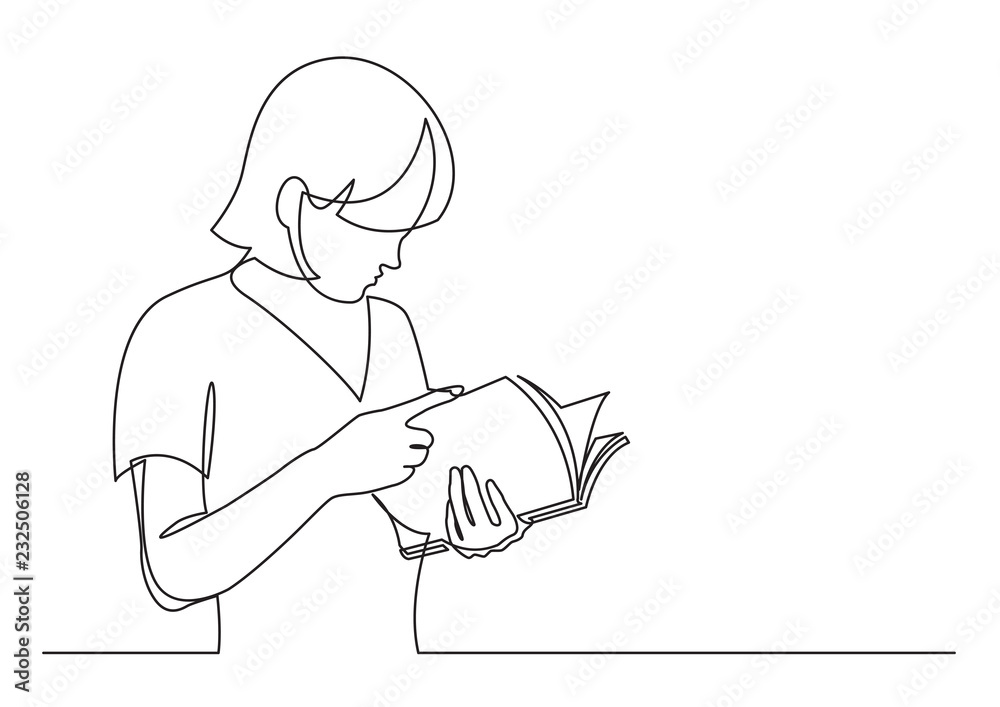 continuous line drawing of standing young woman reading book continuous line drawing of standing young woman reading book