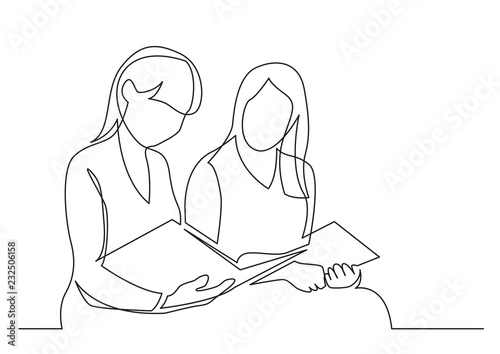 continuous line drawing of two young women reading book