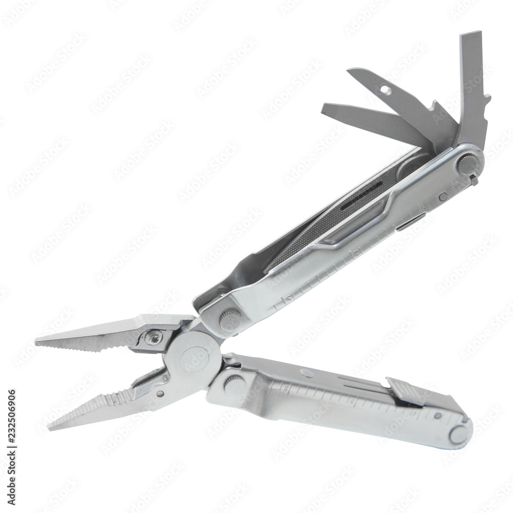 Steel folding multitool isolated on a white background Steel folding multitool isolated on a white background