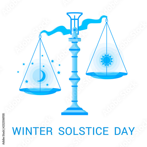 Vector flat illustration of winter solstice. Design concept with scales of justice, moon, stars and sun symbolizing the shortest period of daylight and the longest night of the year.