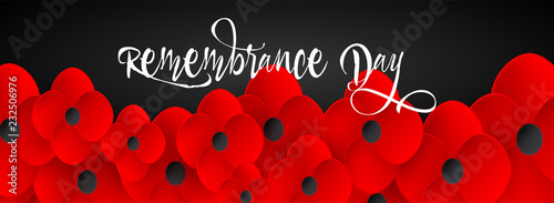 Remembrance Day web header. Lest We forget caslligraphy. Poppy flowerf peace. Memorial banner, card.