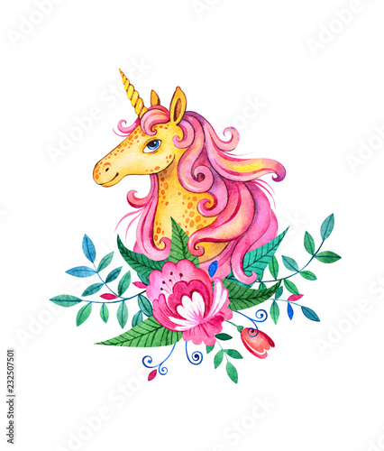Watercolor illustration of a sweet pink haired unicorn with flowers