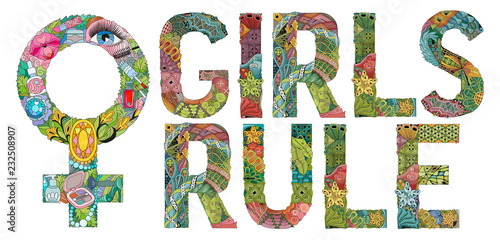 Words GIRLS RULE with Symbol of Venus is a female gender sign with a pattern in tribal Indian style. Vector illustration