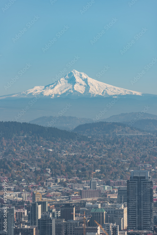 Mt Hood dominating over the city of Portland